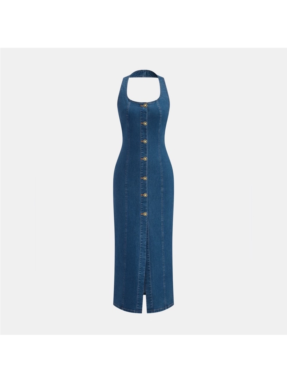 Commense Denim Blue Button-Front Halter Maxi Dress - Picture 2 of 7